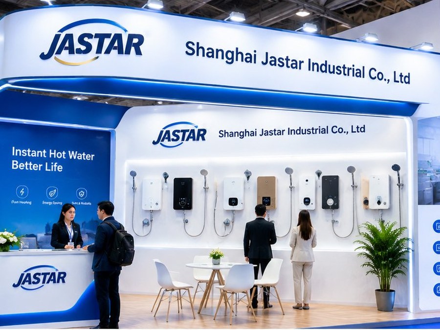 JASTAR booth at an international trade show with instant water heaters on the display wall