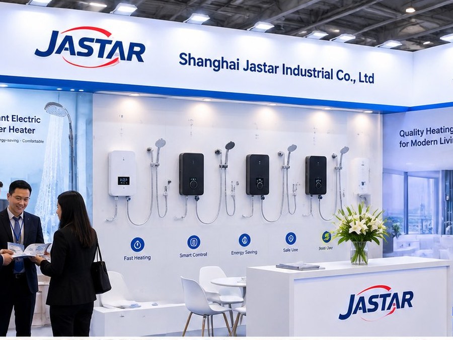 JASTAR exhibition booth with instant electric water heaters and showers on display