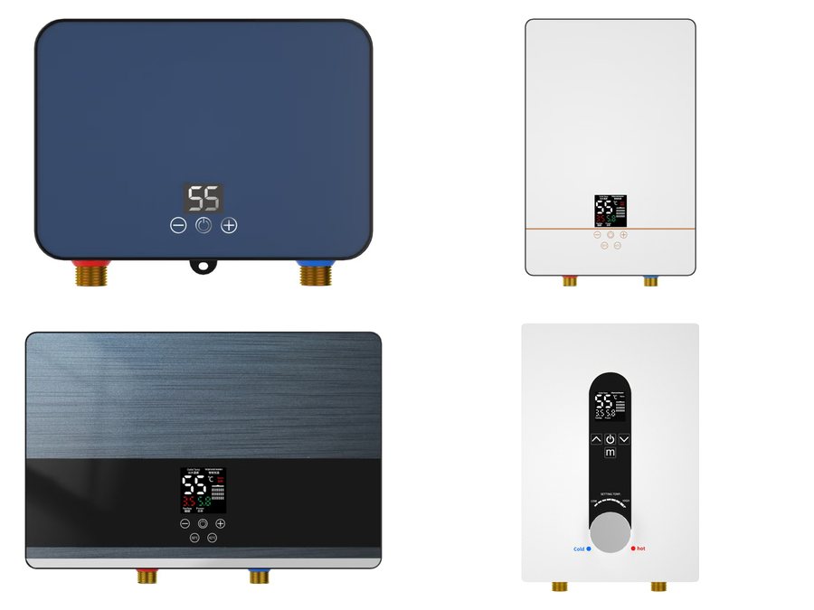 Best-selling instant electric water heaters in blue, white, grey and brushed-steel finishes