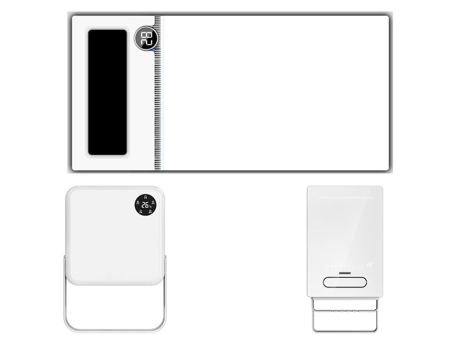 Wall-mounted electric panel heaters with folding towel rack, and a 300 x 600 mm ceiling bathroom heater