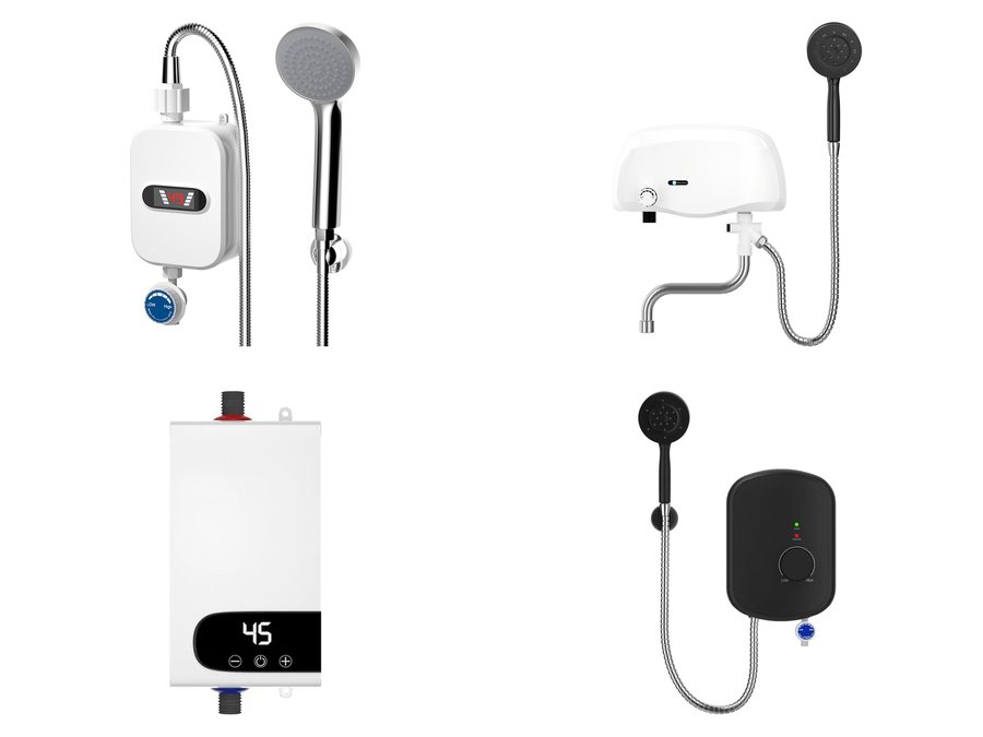 Compact and under-sink instant water heaters in white and black, with and without shower kit