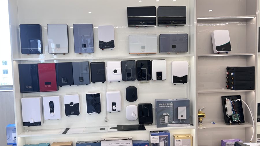Tankless water heater display wall in the showroom